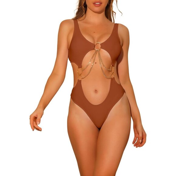 ✨Women Brown Gold Chain Swimsuits V Neck One Piece Cut Out Swimwear Bathing Suit - Picture 1 of 5